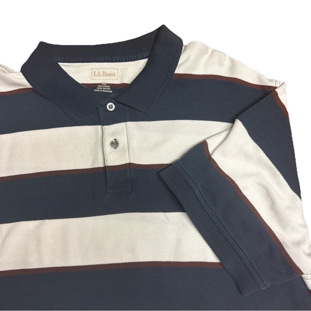 LL Bean Striped Navy Burgundy White XL 100% Cotton Polo‎ Short Sleeve Flaw